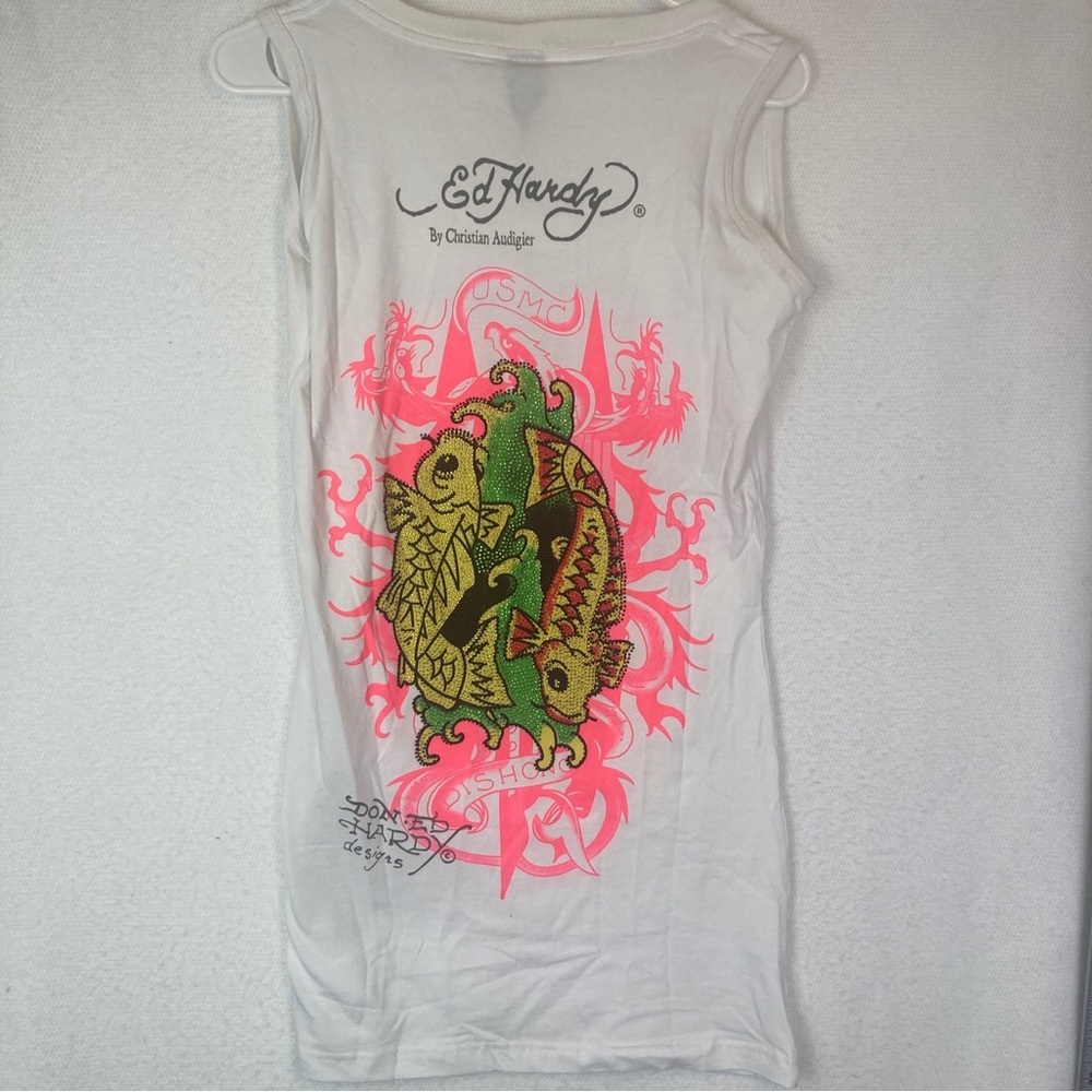 Ed Hardy Christian Audigier Tank Top Womens XL Beaded Flowers Fish Dra… - Picture 3 of 3